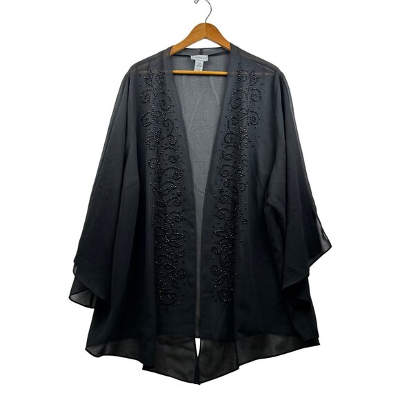 CATHERINE'S Sheer Beaded Cocktail Glamour Elegant Black Kimono Jacket Sz 32W - Picture 2 of 7